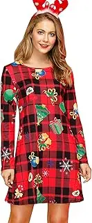 [For G and PL] Women's Christmas Ugly Christmas Dress, Xmas Dresses, Party Dress, Print, Black, Red, Check, XL, Black-Red Check, XL