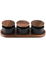 Kalmar Home Black Ceramic Condiment Set On Acacia Wood Base