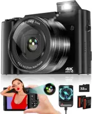 4K Digital Camera,64MP,Autofocus,Flash,16X Zoom,Anti-Shake,32GB Card,2 Batteries