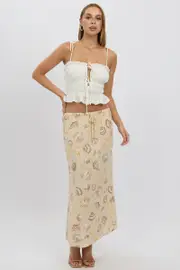 Beige Abstract Midaxi Skirt Relaxed Fit Elastic Waist - Size 16XL, Women's Midi Skirt