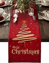 Lilmeme Table Runners Merry Christmas Tree, Wedding/Coffee Runner, Farmhouse Style Linen Cloth for Dinning Holiday Party Indoor Outdoor Decor, Heat Resistant, Red, 13x90inch
