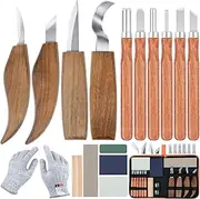 17Pcs Wood Carving Tools, Wood Carving Kit for Beginner, Wood Whittling Kit with 6Pcs Carbon Steel Wood Carving Knife, Gloves Wood Carving Set Knife Sharpener for Spoon Bowl Kuksa Cup