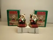 Lot 2 VTG Hallmark Mouse Santa & Child Christmas Stocking Hanger Ornament W Box
