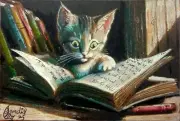 Jacob Landis HANDMADE PAINTING art Card ACEO Tabby Cat Book "Locked In The Story