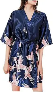[NOLITOY] Fashionable Ladies Nightdress V Collar Adjustable Belt Sleepwear Premium Artificial Silk Sleep Robe Navy Blue for Comfortable Home Relaxation