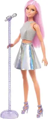 Pop Star BARBIE Doll PINK Hair SILVER Outfit PURPLE Sandals & Microphone NEW NIB