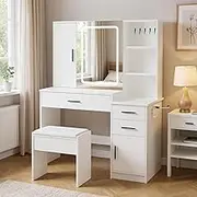 Ufurniture Dressing Table with Jewelry Organization, Makeup Vanity Table with Drawers & Shelves,Storage Cabinet, 3-Color Adjustable LED Mirror, Vanity Desk Set with Charging Station, White