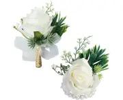 2pcs White Rose Wedding Corsage Set (Wrist + Boutonniere)