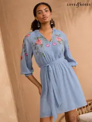 Love & Roses Blue Metallic Embroidered Belted 3/4 Sleeve Mini Dress (AP0459) | $159