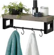 Wall Mounted Storage Shelf, Wood Shelf with Towel Bar and 4 Adjustable Hooks, Ea