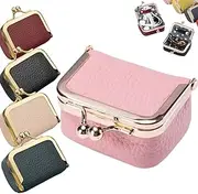 [Generic] Genuine Leather Mini Jewelry Box, Portable Small Travel Jewelry Leather Box with Kiss Lock,Mini Jewelry Bag Ring Box, Solid Color Travel Jewelry Case Storage Box for Girls, Women (Pink)