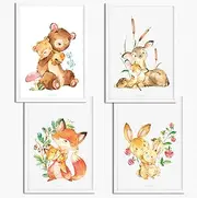 Sunnywall® Set of 4 posters for children's room, A4 pictures, baby room, children's poster, without picture frame, decorative girl boy, forest animals, bear, fox, bamboo, deer, rabbit