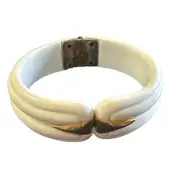 Vintage White Lucite Hinged Bangle Bracelet With Gold Accents