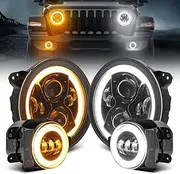 SUPAREE Round 9 Inch LED Headlight and 4 Inch Fog Light for 2018-2023 Jeep Wrangler JL JLU Sahara Rubicon Gladiator JT Accessories with Integrated DRL Turn Signal Low High Beam Halo Ring, Pack of 4