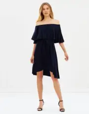 BNWT SABA Size 4 Eva Off Shoulder Dress Navy Blue Tie Waist High Low Hem