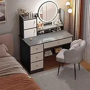 Vanity Desk with LED Lighted Mirror, Makeup Table with Drawers & Cabinet,Dressing Table with Petal Chair for Bedroom,for Her Gift(Gray,100cm)