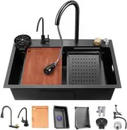 Black Waterfall Kitchen Sink, Drop in Single Bowl Stainless Steel Bar Sink with
