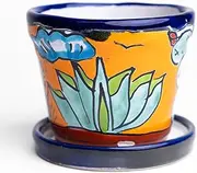MEXTEQUIL - Talavera Mexican Pottery Planters with Saucer 4" Rancherito - Cactus - Sun Pot Hand Painted Ceramic Plant Pot Planter Indoor Outdoor (Rancherito)