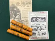 set of 3 inert dynamite sticks with ad copies for coal mining history display