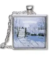 Claude Monet's Magpie Winter Time - Handmade SQUARE Glass Pendant Necklaces