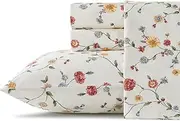 [Zusbest] King Size 100% Percale Cotton Off White Floral Bed Sheet Set, Brushed for Extra Softness, Breathable Luxury Flannel Like Pink Flower Print Deep Pocket Sheets 17.5'' 4 Pcs