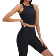 Nevenka Rib-Knit Crop Tank Tops Removable Padded Quick Dry Sports Bras-Black