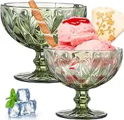 2Pcs Ice Cream Bowls 10 Oz Footed Dessert Bowls 4.7'' Trifle Bowl with Pedestal Vintage Style Dessert Cups for Sundae, Salad, Cocktail Drinks Green