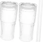SOLUSTRE 2Pcs Glass Cup with Lid Straw Transparent Iced Coffee Mug for Tea Milk Beverages Reusable Easy to Clean for Home Office Cafes