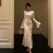 Bell Sleeve Boat Neck Plain Ruched Satin Maxi Mermaid Dress Off-White - S