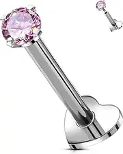 [OUFER Body Piercing] 16G Titanium Internally Threaded Helix Tragus Conch Lip Cartilage Flat Back Studs Bars Body Piercing Jewelry 5/6/8/10/12mm Pink CZ Cartilage Earrings