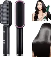 Negative Ion Hair Straightener Styling Comb, 2 in 1 Hair Straightener Brush and Curler, Portable Electric Straightening Comb Heated Hair Brush with 5 Temp (Black)