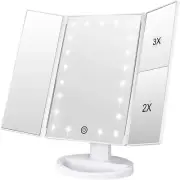 LED Makeup Mirror Tri-Fold Vanity Mirror w Magnification Touch Screen USB
