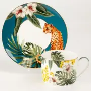 Fine Porcelain Tropical Cat Coffee/ Tea cup Saucer, Set of 4