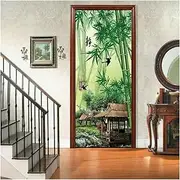Door Stickers Green Bamboo Woods Thatched Door Wall Sticker Self-Adhesive Sticker Mural