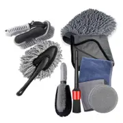 GGP Type A 9 Piece Car Wash Tool Kit Tire & Wheel Brushes, Wash Mitt, Microfiber Towels, And Wax Sponge Set
