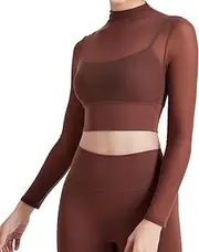 [Qsvbeeqj] Long Sleeve Fitted Crop Tops Sheer Mesh Cropped Top for Women Workout Gym Yoga Shirt Double Lined T-Shirt