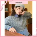 【LITTLEFISH】韓系 通勤 圓領 短版麻花針織 毛衣+休閒 白色 長袖襯衫 兩件套 秋冬搭配套裝