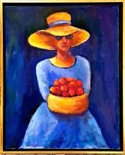 Oil Painting Woman Straw Hat Blue Dress Bowl Fruit Still Life Framed by Donalee
