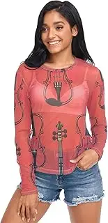 [RPLIFE] Violin Orange Womens Mesh Top, Sheer Blouse S-XXL