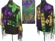 Mardi Gras Fleur De Lis Fringe Sequin Oblong Scarf