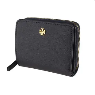 TORY BURCH Emerson 金屬TB LOGO拉鍊扣式皮夾短夾零錢包 黑色 147606-001