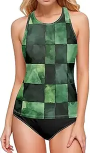 [AIXIWAWA] Women's Tankini Tops-Green Checkered, Swimsuit Top for Beach Pool Vacation S