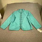 Alfred Dunner Coconut Creek Open Front Blazer Womens Petite 14P Turquoise Blue
