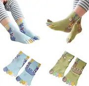 [Pursuestar] 2 Pairs Cotton Split Tabi Toe Five Finger Socks Cartoon Giraffe Seperated Breathable Socks for Kids Boys Girls 3-12 Years