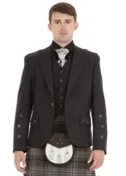 Men Wool Tweed Scottish BRAEMAR Kilt Jacket with Waistcoat - Grey Black