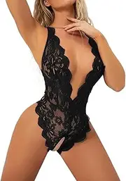 [BSBUY] Women Lace Bodysuit One Piece Naughty Lingerie Deep V-Neck Hollow Out Teddy Babydoll Transparent Corset Sheer Shapewear Backless Front Open Leotard Floral Teddy Underwear Female Sexy Jumpsuit