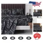 Luxury King Size Grey Black Floral Bed Sheets - 1800 Thread Count, Deep Pocket