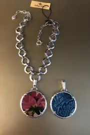 PATRICIA NASH Josette Silver Reversible Leather Pendant Hammered Chain Necklace