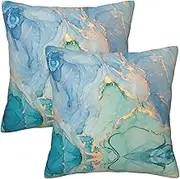 Teal Blue Turquoise Gold Pillow Covers 18x18 in Couch Marble Pillow Case Sets of 2 Modern Decorative Square Throw Pillows for Home Living Room Bedroom Bed Cushion Outdoor