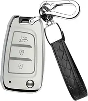 HIBEYO Flip 3 Button Key Fob Cover for Hyundai Elantra Solaris 2 Tucson I30 I35 I40 Ix35 Kona Genesis Santa Fe Azera Verna Accent Celesta Sonata Car Accessories with Keychain-Leather Key Chain(White)